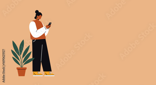 Stylish woman uses smartphone for communication or social media, highlighting modern lifestyle and digital connectivity. Ideal for technology, business, or casual themes.
