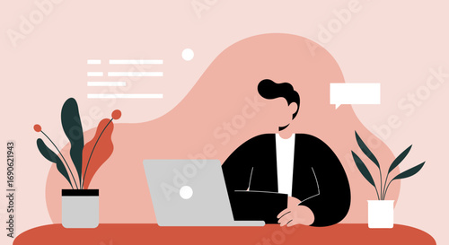 Flat design illustration of a man working on a laptop, representing remote work, online education, or modern business communication. Calm, productive environment.