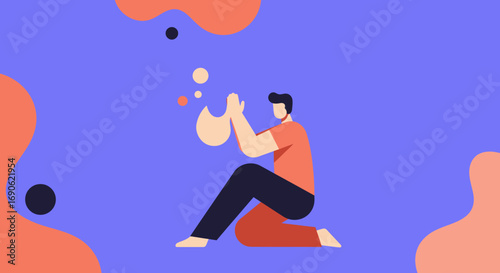 Minimalist illustration of a person kneeling with hands together, focused on floating elements. Represents mindfulness, creative thought, or spiritual connection.