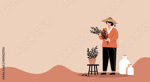 Person in traditional Asian hat holding fresh herbs, symbolizing natural wellness, traditional medicine, and mindful living. Ideal for health, beauty, or lifestyle content.