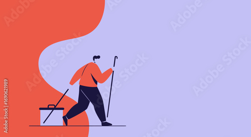 Minimalist illustration of a man walking with a suitcase and a cane, representing a journey, business travel, or life's path.