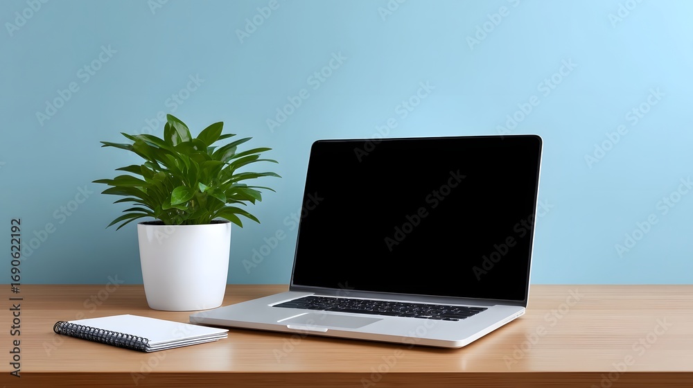 Fototapeta premium Laptop computer and a potted plant placed on a clean, wooden desk in a minimalist, contemporary office environment.