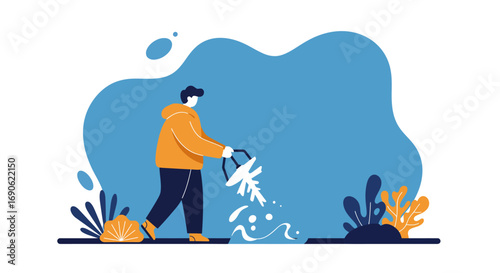 Person watering a stylized plant with a watering can, symbolizing growth, nature care, and environmental responsibility. Ideal for lifestyle, gardening, or eco-friendly concepts.