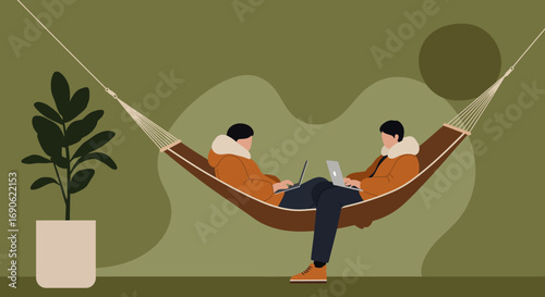 Two young people comfortably work on laptops while relaxing in a hammock in a peaceful, natural-inspired setting. Modern remote work and digital lifestyle.