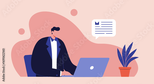 Businessman working on laptop, sending messages or creating content. Flat illustration for remote work, online communication, and modern productivity.