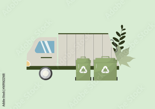 Waste Collection Truck with Green Recycling Bins. Waste collection vehicle with two green recycling bins representing urban waste management services. Zero waste. Flat style. Vector illustration