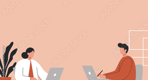 Modern minimalist illustration of two professionals working on laptops in a collaborative office setting. Ideal for business, technology, or remote work concepts.