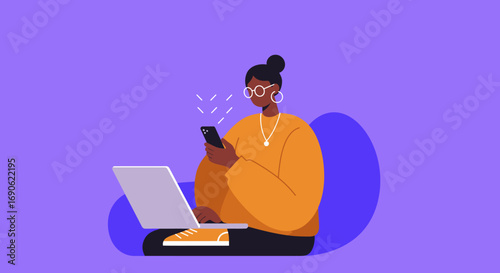 Woman engaging with a smartphone and laptop, embodying modern remote work, online learning, or digital communication. Represents connectivity and flexible lifestyle.