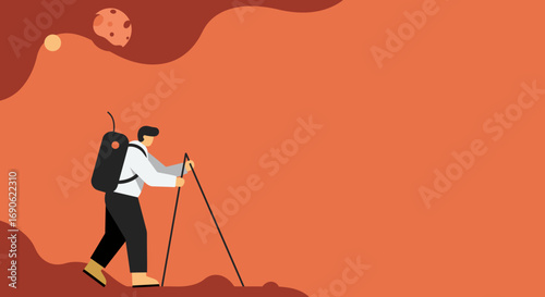 Determined hiker exploring a unique, stylized reddish-orange alien landscape under a distant moon. Adventure and discovery concept.