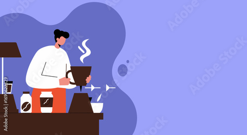 A person meticulously prepares a pour-over coffee, enjoying the morning ritual with fresh beans and steaming hot brew. Perfect for lifestyle and daily routine content.