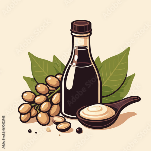 Illustration of soy sauce bottle and black soybeans