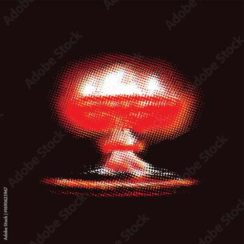 Vector pixel nuclear explosion mushroom with halftone effect in bloody color. Suitable for anti-war posters dedicated to nuclear war and environmental pollution. No AI use