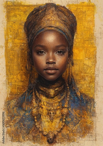 artistic drawing of a beautiful African woman in ethnic clothing