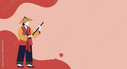 Stylized illustration of a person in traditional Asian attire and conical hat holding a staff, set against an abstract, warm background, representing culture, travel, and heritage.