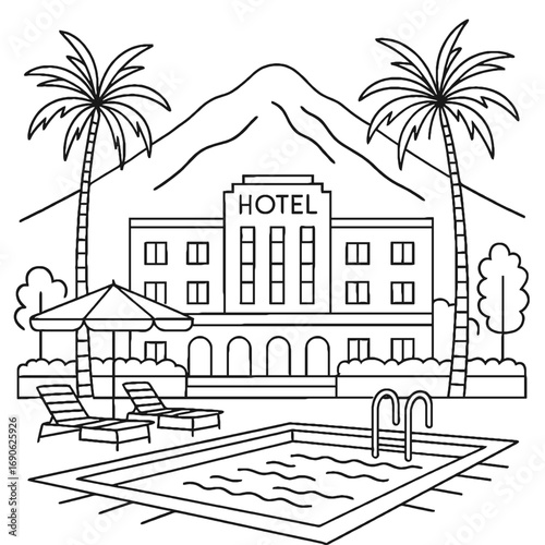 Hotel with a pool in California with palm trees