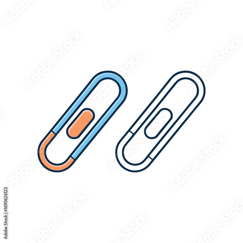 Vector art of two stylized paper clips, one blue and orange, the other outlined