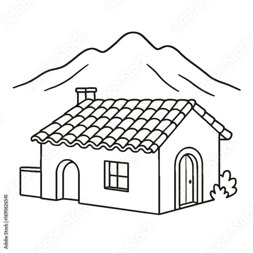 Vector drawing of small house in the mountains