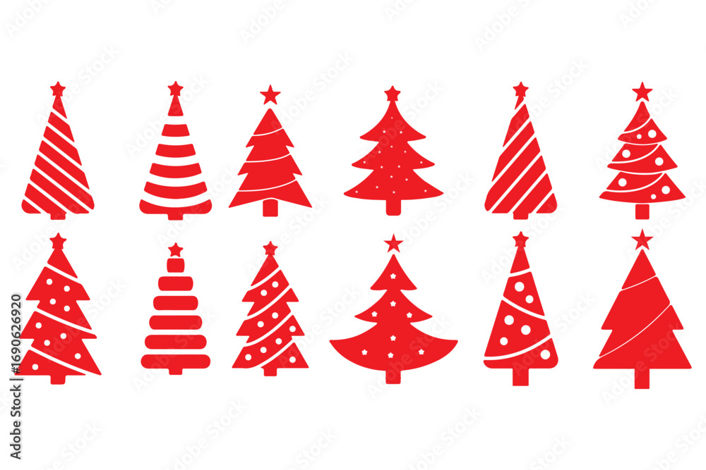 Obraz premium Christmas Tree Silhouette Vector Set, Holiday Decoration Icons, Festive Winter Symbols, Star Topped Trees, Garland Lights, Cad Drawing Flat Vector Illustration