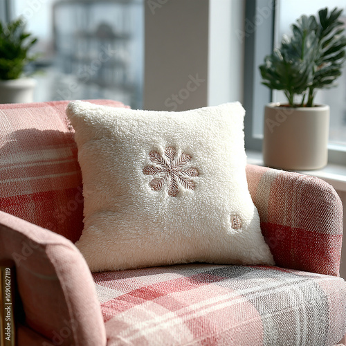 Cozy winter pillow on plaid armchair