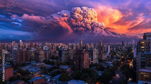 Dramatic Volcanic Eruption Over Santiago: Cityscape Under Fiery Skies
