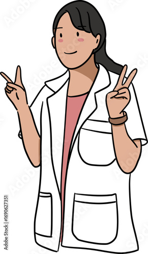 Illustration of indian woman doctor making peace sign