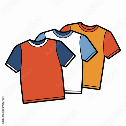 Vibrant graphic illustration of multiple casual t-shirts in different colors, ideal for clothing design mockups, fashion retail, and everyday apparel concepts.