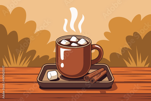 Cozy Autumn Drink Hot Chocolate with Marshmallows and Cinnamon
