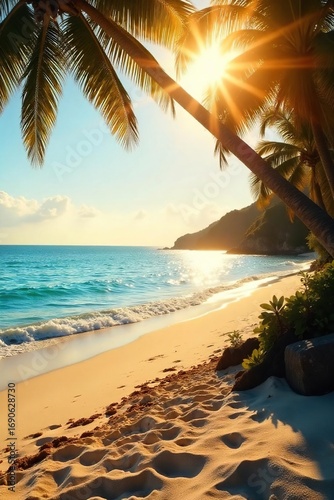 Golden hour sunlight bathes a tranquil beach scene in warm, inviting light Perfect for summer vacation themes, travel brochures, or relaxing holiday imagery , relaxation, light, ocean