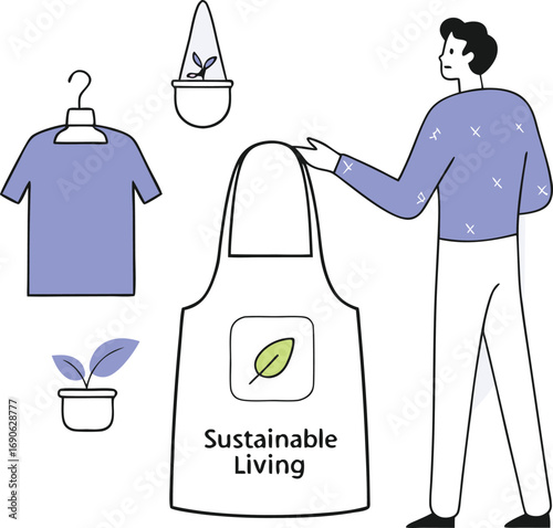 Vector illustration of sustainable living with eco-friendly products and person