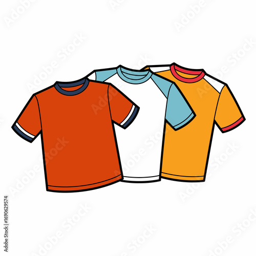 Essential casual wear featuring a set of three vibrantly colored short-sleeved t-shirts, ideal for illustrating comfortable everyday apparel and fashion design projects.