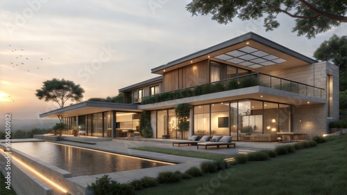 Modern Luxury Villa at Dusk with Infinity Pool and Sustainable Design