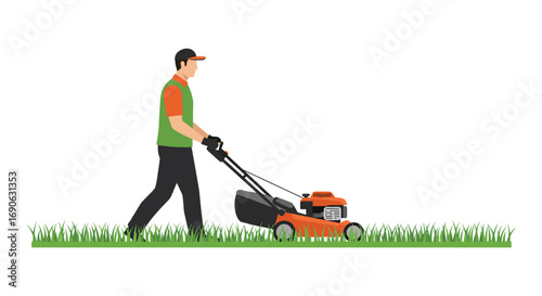 a man mowing grass with an orange lawn mower