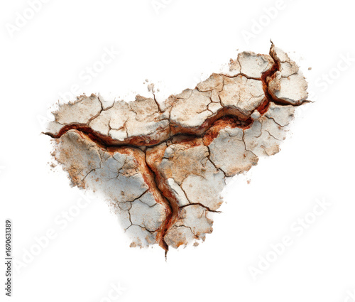 Cracked earth surface dry region abstract natural environment view isolated on transparent background, png