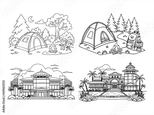 coloring page line art the camping black vector bundle