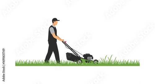 man mowing lawn with push mower in sunny day