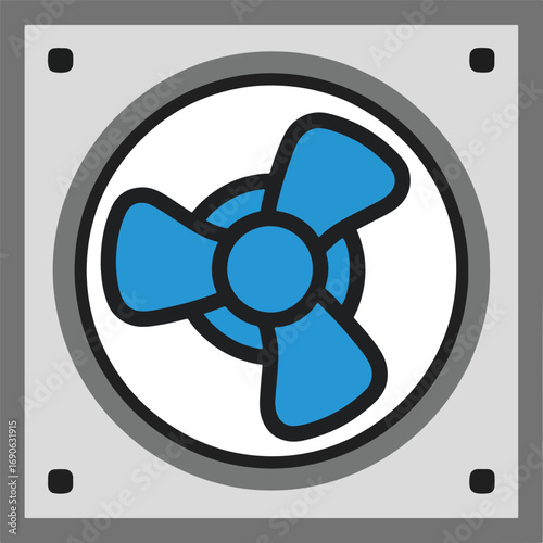 Blue computer fan cooling system circulates air within a gray square frame, ensuring optimal performance and preventing overheating in a modern technology setup.