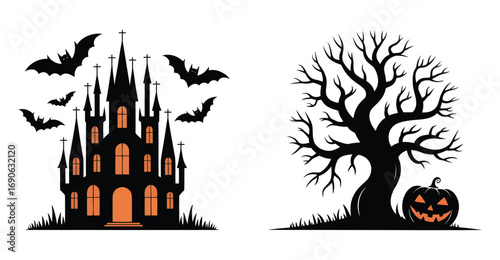 Haunted castle with bats and glowing windows beside twisted tree and jack-o'-lantern, eerie Halloween silhouette for spooky festive design