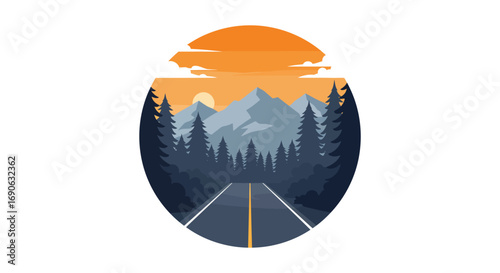 a scenic road leading to distant mountains under an orange sunset