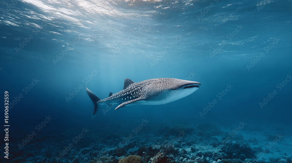 Naklejka premium Majestic whale shark gracefully swims through clear blue ocean waters above a vibrant coral reef. Represents tranquility, marine life, and underwater beauty. Ideal for conservation travel.