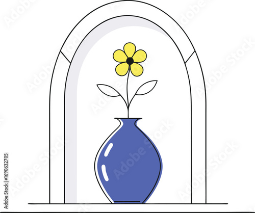 Charming vector illustration of a blue vase holding a yellow flower archway scene scalable eps