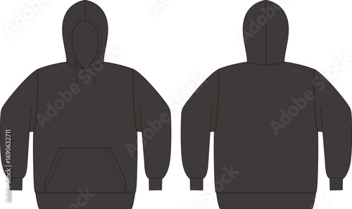 アパレル製品、プルパーカーの絵型（平面図）黒色
Apparel product, pullover hoodie design (top view) black