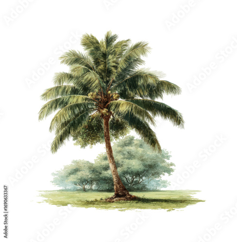 Lush palm tree surrounded by greenery tropical landscape nature serenity isolated on transparent background, png