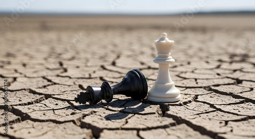 Chess Pieces on Dry Cracked Earth.