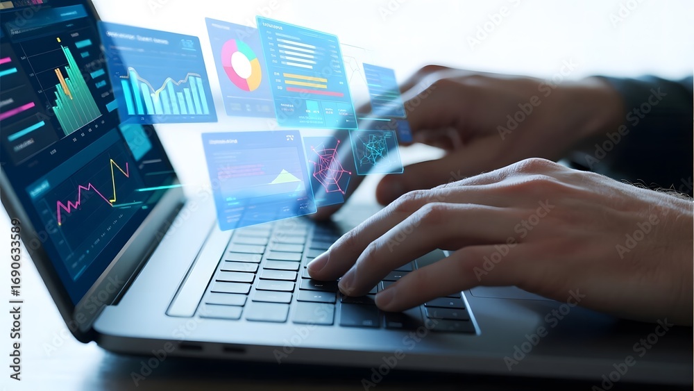 Hands typing on a laptop with floating financial charts and graphs Hands typing on a laptop with floating financial charts and graphs