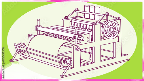 Illustration of a complex mechanical machine with rollers and a large wheel on a green background