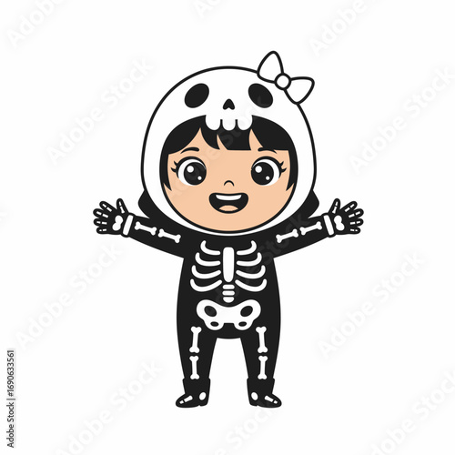 A happy cartoon girl wearing a skeleton costume with a bow, standing with arms outstretched.