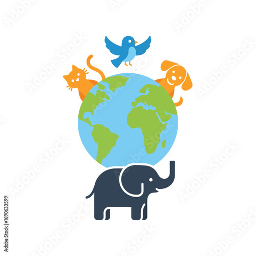 Global harmony of diverse animal species supporting and surrounding the Earth, an emblem of wildlife conservation and environmental stewardship