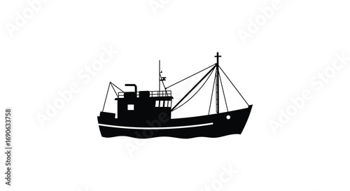 a simple black silhouette of a fishing boat on calm waters