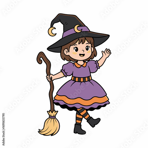 Cartoon witch girl in Halloween costume holding a broom, smiling and waving.