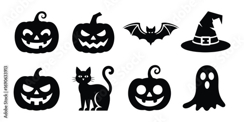 Set of eight Halloween silhouette icons including jack-o'-lanterns, bat, witch hat, ghost, and black cat, perfect for spooky festive design